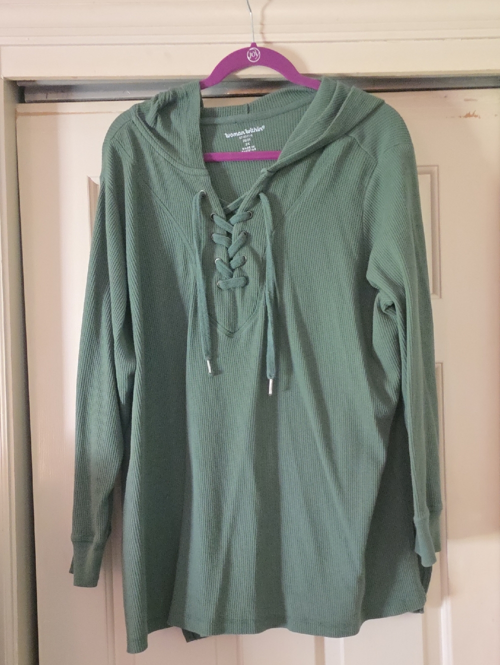 Woman Within Olive Green Lace-Up Hooded Ribbed Top